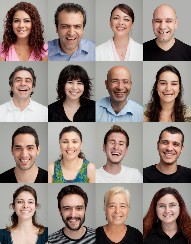 Collage of 16 different men and women smiling